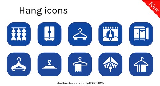 hang icon set. 10 filled hang icons. Included Dried fish, Wardrobe, Hanger, Bungee jumping, Clothing hanger, Hang gliding icons