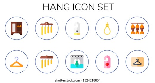 hang icon set. 10 flat hang icons.  Collection Of - wardrobe, hanger, chimes, door hanger, bungee jumping, gallows, do not disturb, dried fish