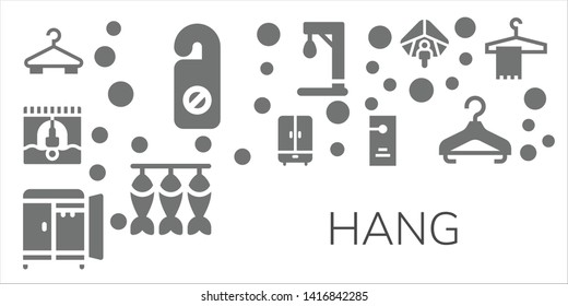 hang icon set. 11 filled hang icons.  Simple modern icons about  - Hanger, Bungee jumping, Wardrobe, Door hanger, Gallow, Dried fish, Hang gliding
