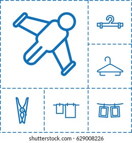 Hang icon. set of 6 hang outline icons such as hanger, cloth pin, cloth hanging, photos on rope