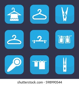 hang icon. Set of 9 filled hang icons such as hanger, cloth pin, cloth hanging, photos on rope