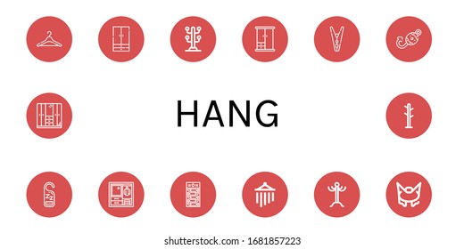 hang icon set. Collection of Hanger, Wardrobe, Coat stand, Clothespin, Fish hook, Do not disturb, Dried fish, Wind chimes, Coat rack, Bungee jumping icons