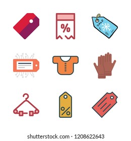 hang icon set. vector set about baby clothes, price tag, gloves and hanger icons set.