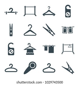 Hang icons. set of 16 editable filled hang icons such as hanger, cloth pin, do not disturb, cloth hanging, photos on rope