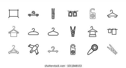 Hang icons. set of 18 editable outline hang icons: hanger, cloth pin, do not disturb, cloth hanging, hang glider, photos on rope