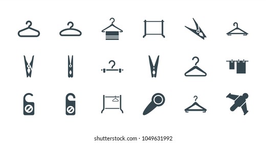 Hang icons. set of 18 editable filled hang icons: hanger, cloth pin, do not disturb, cloth hanging, hang glider
