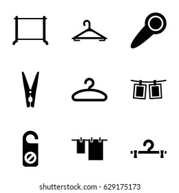 Hang icons set. set of 9 hang filled icons such as hanger, do not disturb, cloth hanging, cloth pin, photos on rope