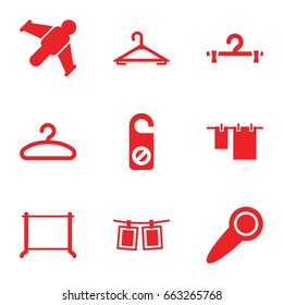 Hang icons set. set of 9 hang filled icons such as hanger, do not disturb, cloth hanging, photos on rope, door knob
