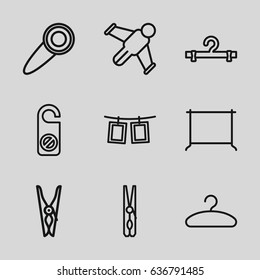 Hang icons set. set of 9 hang outline icons such as cloth pin, do not disturb, hanger, photos on rope, door knob