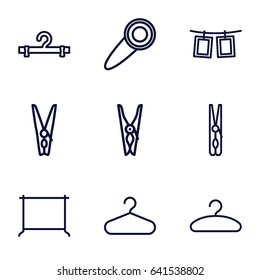 Hang icons set. set of 9 hang outline icons such as cloth pin, hanger, photos on rope