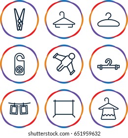 Hang icons set. set of 9 hang outline icons such as hanger, do not disturb, cloth pin, photos on rope