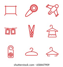 Hang icons set. set of 9 hang outline icons such as hanger, do not disturb, cloth pin, photos on rope, door knob