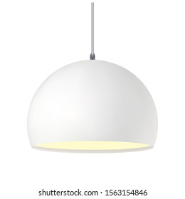Hang lamp. Ceiling light. Modern pendant luminaire. Showroom interior spotlight bulb. Stylish white chandelier decor. Brass lampshade hanging. Studio or room original designer spot