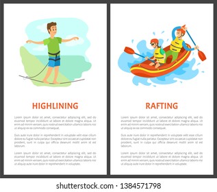Hang lining and rafting poster, extreme sports. Man going by line and people in helmet sitting in boat, balance and water transport, rescue vector