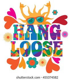 Hang loose 1960s mod pop art psychedelic sun giving the shaka surf hand sign design. EPS 10 vector.