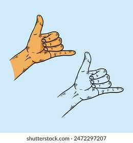 Hang loose gesture, shaka hand, hand drawn vector