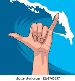 Hang Loose on the background of sea wave. Hand gesture, shaka. Shaka on sea wave background. 