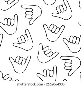 Hang loose seamless vector background. Surfing shaka hand sign repeating pattern. Hang loose hand gesture design for surf shop, fabric, cool decor, beach vibes, hawaii.