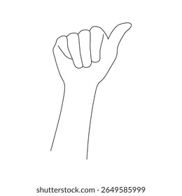 Hang Loose Shaka Hand Gesture Line Art. A clean and minimalist line art illustration of a hand making a gesture with the thumb and pinky finger extended.