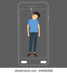 Hang man suicide drawing on smart phone drawing by white stripe. Vector illustration