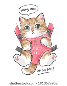 hang out slogan with cute cartoon cat in front carrier illustration