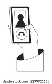 Hang up phone call bw vector spot illustration. Tap on decline button to finish call 2D cartoon flat line monochromatic first view hand on white for web UI design. Editable isolated outline hero image