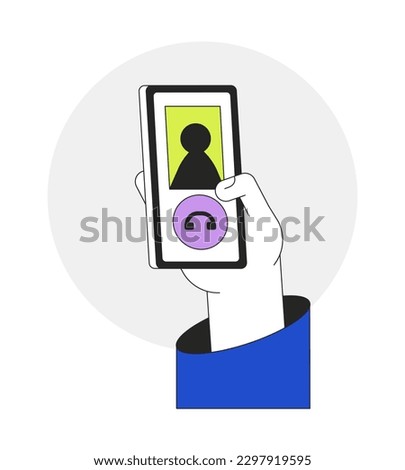 Hang up phone call flat line vector spot illustration. Tap on decline button to finish call 2D cartoon outline first view hand on white for web UI design. Editable isolated colorful hero image