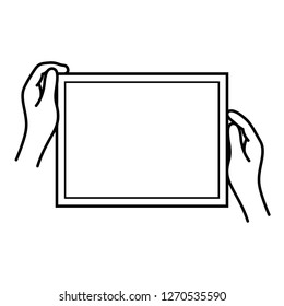Hang picture on the wall. Vector flat outline icon illustration isolated on white background.