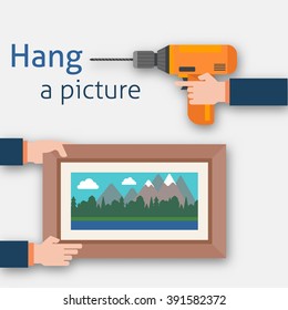 Hang a picture. Repair and renovation in the room. Flat style vector illustration.