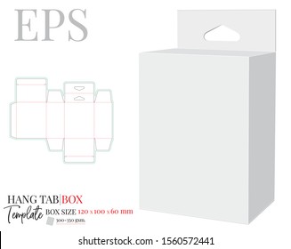 Hang Tab Box Template with delta hole, Vector with die cut / laser cut lines. White, clear, blank, isolated Hang Tab mock up on white background with perspective view. Paper Box, Packaging Design