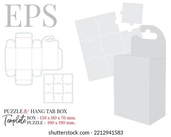 Colgar plantilla de caja de pestañas con rompecabezas, vector con corte de muda, líneas de corte láser. Blanco, claro, en blanco, aislado Hang Tab se burlan del fondo blanco con vista de perspectiva. Diseño de paquetes