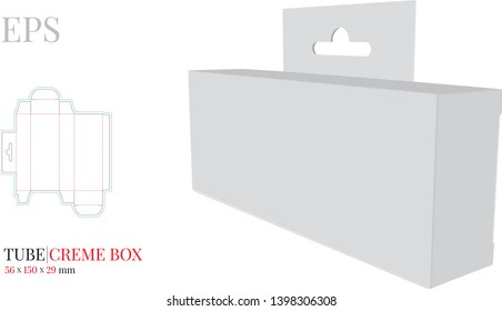 Hang Tab Box Template, Vector with die cut / laser cut layers. White, clear, blank, isolated Tube Box with hanger mock up on white background, perspective view. Toothpaste box, Packaging Design