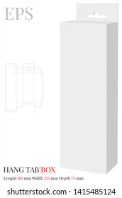 Hang Tab Box Template, Vector with die cut / laser cut lines. White, clear, blank, isolated Hang Tab mock up on white background with perspective view. Paper Box with Handle, Packaging Design