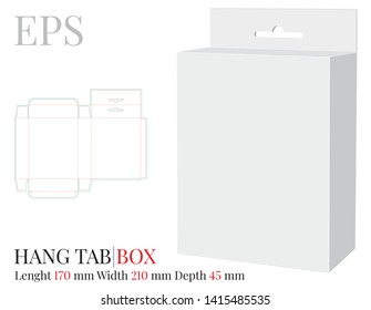 Hang Tab Box Template, Vector with die cut / laser cut lines. White, clear, blank, isolated Hang Tab mock up on white background with perspective view. Paper Box with Handle, Packaging Design