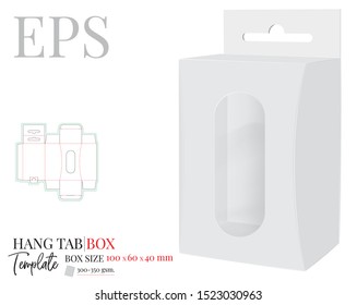 Hang Tab  Box Template, Vector with die cut / laser cut layers. Paper Hang Tab Window Box. White, clear, blank, isolated Hang Tab mock up on white background with perspective view, 3D