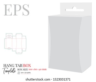 Hang Tab Box Template, Vector with die cut / laser cut layers. Paper Box with Handle, Packaging Design with 3D presentation. White, clear, blank, isolated Paper Box mock up on white background.