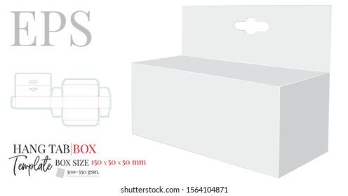 Hang Tab Box Template, Vector with die cut, laser cut lines. White, clear, blank, isolated Hang Tab mock up on white background with perspective view. Paper Box with Handle, Packaging Design