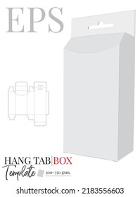 Hang Tab Box Template, Vector with die cut, laser cut layers. Paper Box with Handle, Packaging Design with 3D presentation. White, clear, blank, isolated Paper Box mock up on white background