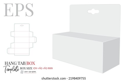 Hang tab box template, vector with die cut, laser cut lines. White, clear, blank, isolated hang tab mock up on white background with perspective view. Paper Box with Handle, Packaging Design