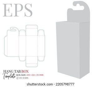 Hang Tab Box Template, Vector with die cut, laser cut layers. Paper Box with Handle, Packaging Design with 3D presentation. White, clear, blank, isolated Paper Box mock up on white background