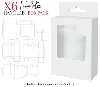 Hang Tab Box Template, Vector with die cut, laser cut layers. Paper Hang Tab Window Box. White, clear, blank, isolated Hang Tab mock up on white background with perspective view, 3D