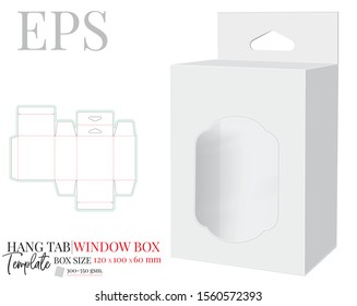 Hang Tab Box Template with window with delta hole, Vector with die cut / laser cut lines. White, clear, blank, isolated Hang Tab mock up on white background with perspective view. Packaging Design