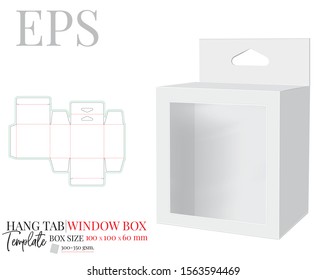 Hang Tab Box Template with window with delta hole, Vector with die cut, laser cut lines. White, clear, blank, isolated Hang Tab mock up on white background with perspective view. Packaging Design