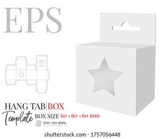 Plantilla de caja de pestañas de colgamiento con estrella de ventana, Vector con líneas de corte de muelles/láser. Blanco, claro, en blanco, aislado Hang Tab se burlan del fondo blanco con vista de perspectiva. Diseño de paquetes