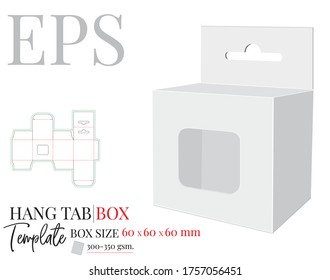 Tab Box Template mit Fenster , Vektorgrafik mit Abschnitt / Laser Schnittlinien. Weiße, klare, leere, isolierte Hang Tab-Muster auf weißem Hintergrund mit Perspektive. Verpackungsdesign