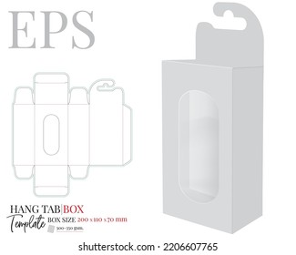 Hang Tab Box Template with window with delta hole, Vector with die cut, laser cut lines. White, clear, blank, isolated Hang Tab mock up on white background with perspective view. Packaging Design
