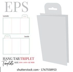 Hang tab triplet, vector. Template with die cut / laser cutting lines. White, clear, blank hang tab triplet mock up isolated on white background with perspective presentation. Packaging design