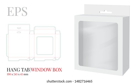 Plantilla de cuadro de la ventana de la pestaña colgante, Vector con líneas de corte por láser/corte por muelles. Pestaña Hang, blanca, clara, en blanco y aislada, se burla del fondo blanco con vista de perspectiva. Caja de papel con diseño de manipulación y embalaje