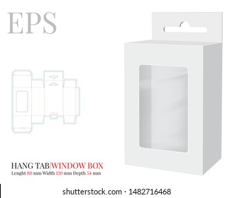 Hang Tab Window Box Template, Vector with die cut / laser cut lines. White, clear, blank, isolated Hang Tab mock up on white background with perspective view. Paper Box with Handle, Packaging Design