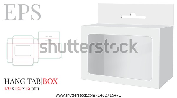 Hang Tab Window Box Template, Vector with die cut\
/ laser cut lines. White, clear, blank, isolated Hang Tab mock up\
on white background with perspective view. Paper Box with Handle,\
Packaging Design